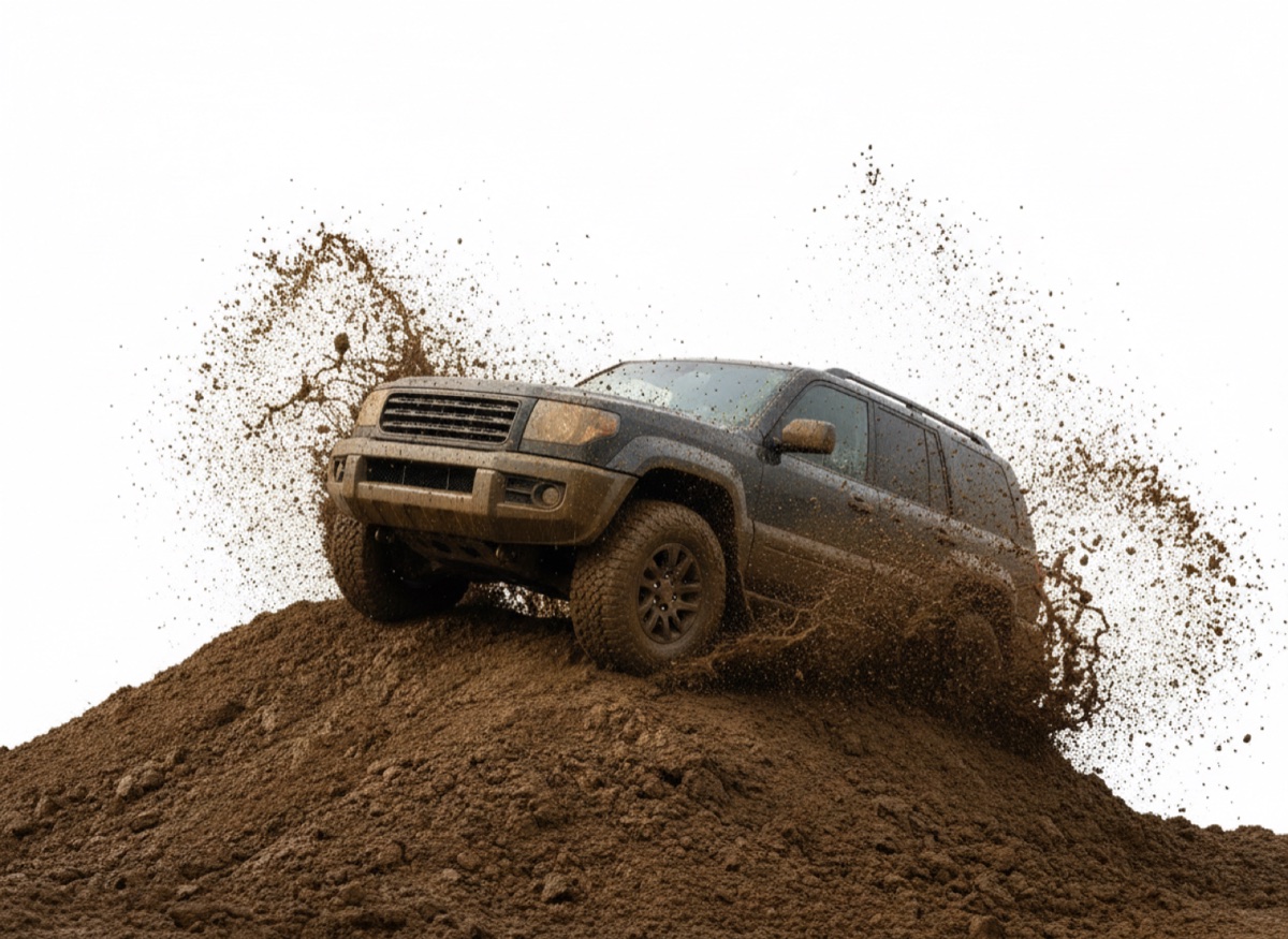 Una camioneta 4x4 embarrada subiendo un montículo de barro, con la tierra saltando